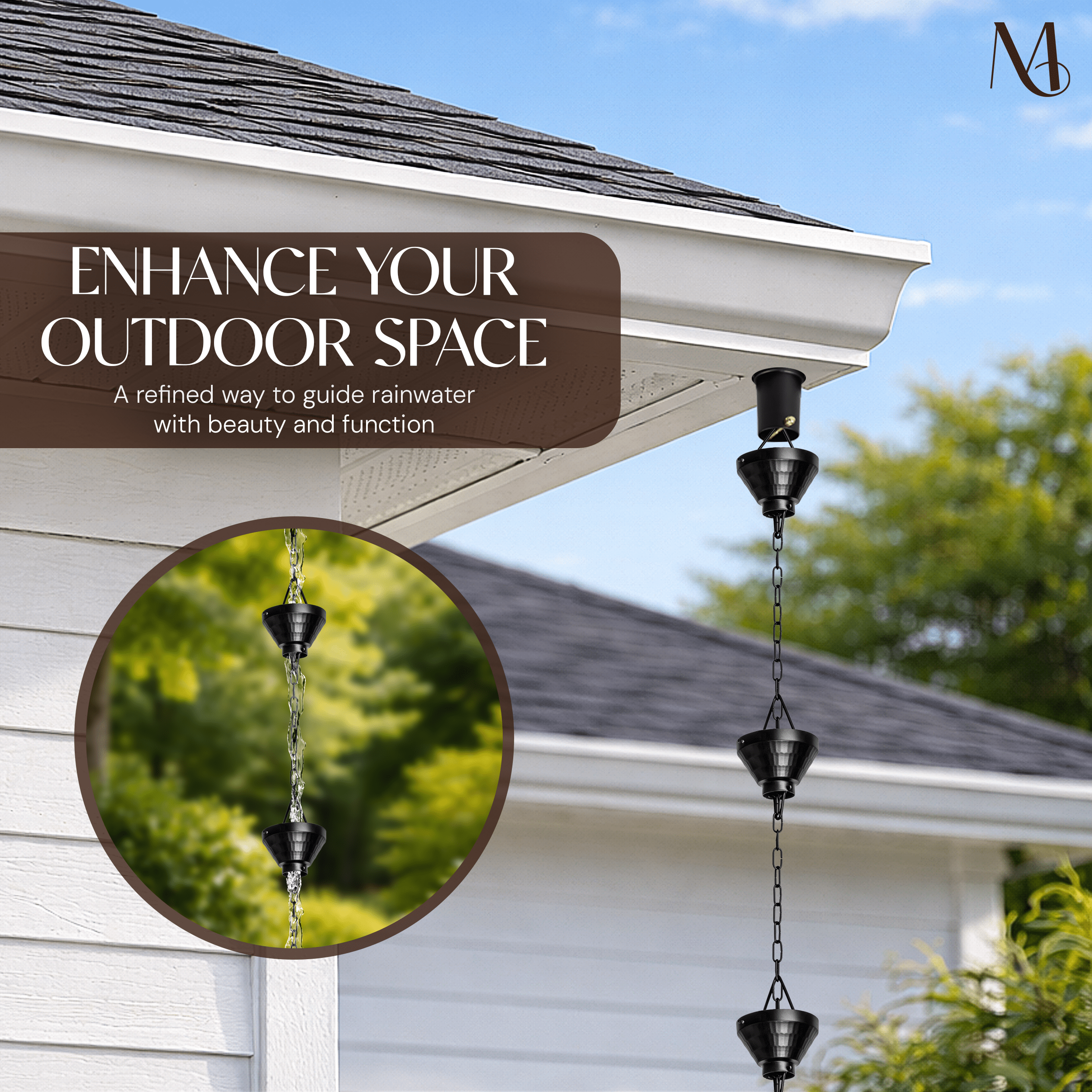 Aluminum Siam Rain Chain Replacement Downspout for Gutters, 8-1/2 Feet Length, Matte Black Rain Chains > Aluminum Monarch Abode