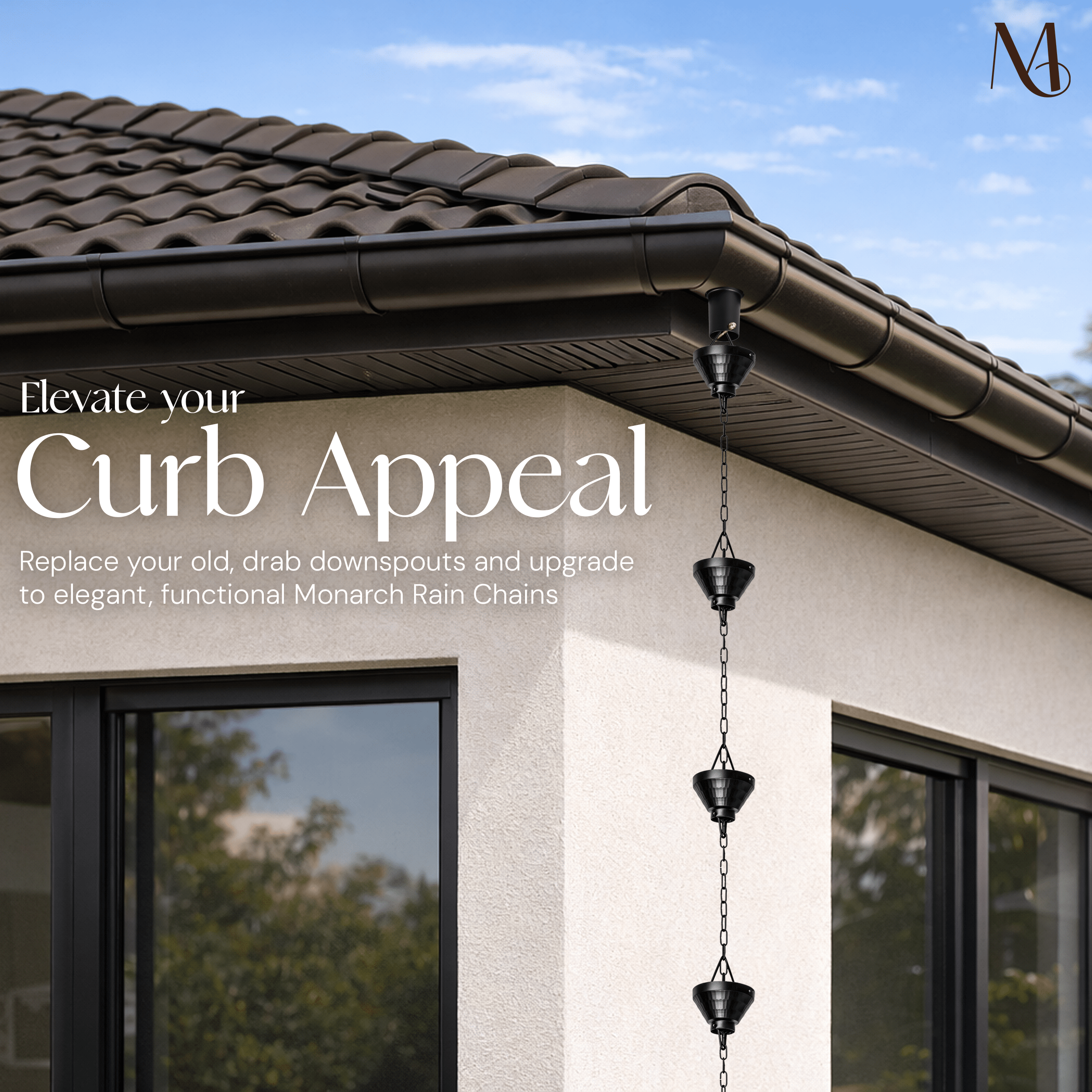 Aluminum Siam Rain Chain Replacement Downspout for Gutters, 8-1/2 Feet Length, Matte Black Rain Chains > Aluminum Monarch Abode