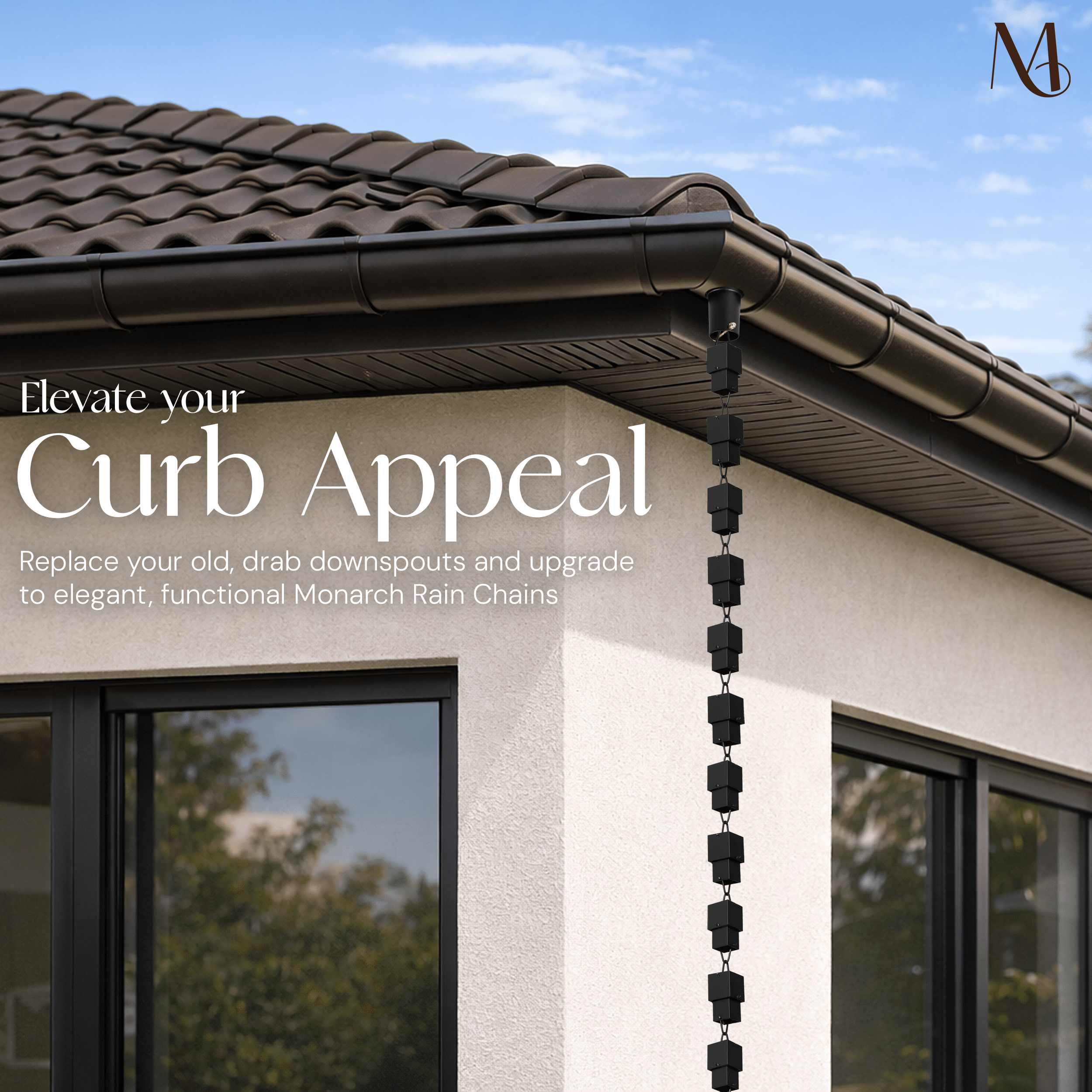 Aluminum Multi Cube Rain Chain Replacement Downspout for Gutters, Black Powder Coated Rain Chains > Aluminum Monarch Abode