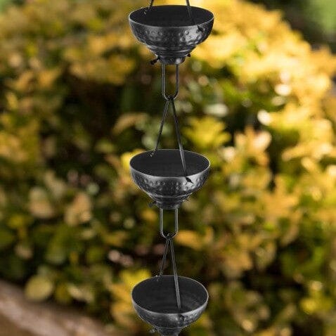 Aluminum Eastern Hammered Cup Rain Chain Replacement Downspout for Gutters, Matte Black Rain Chains > Aluminum Monarch Abode