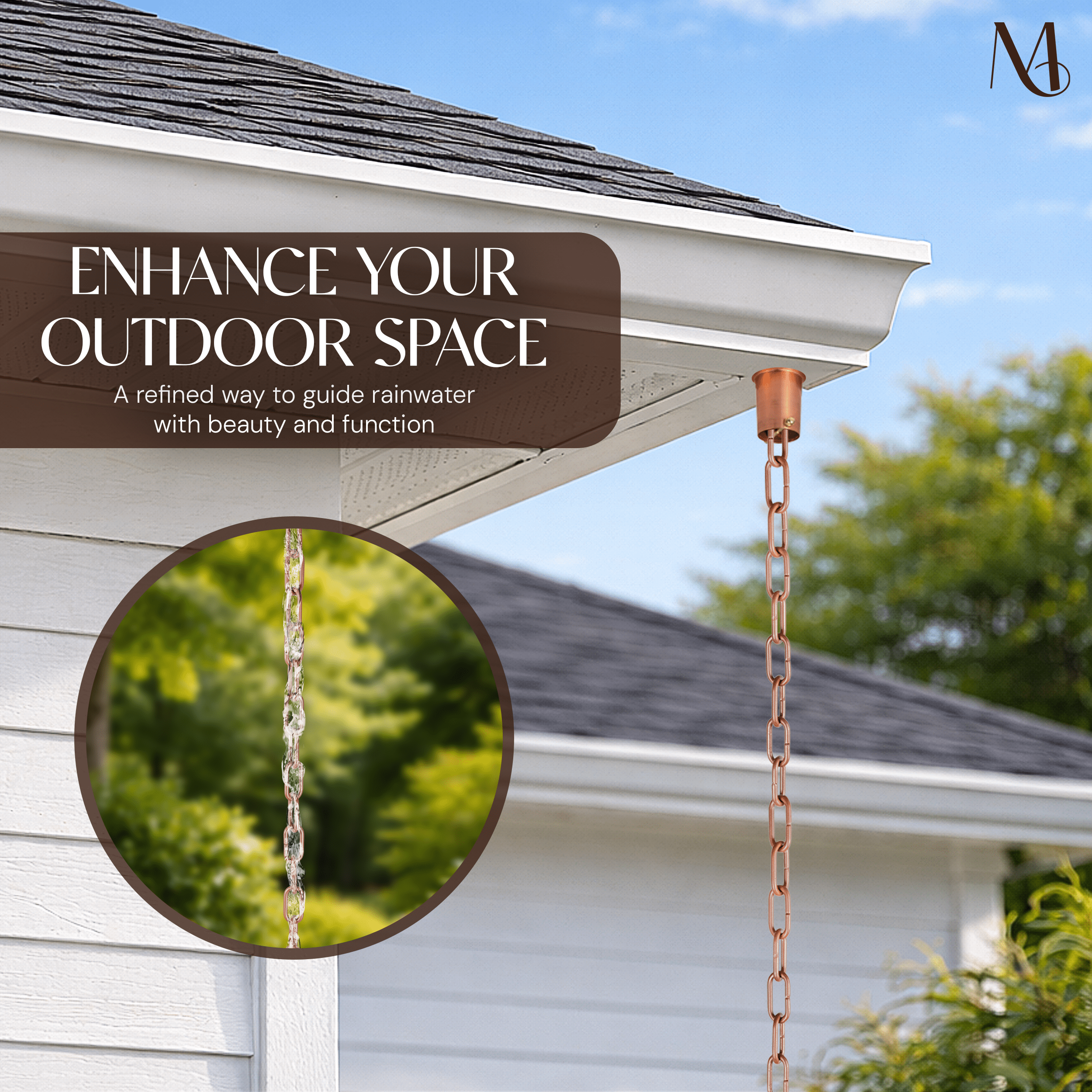 Aluminum Traditional Link Rain Chain Replacement Downspout for Gutters, Brushed Copper Finish Rain Chains > Aluminum Monarch Abode