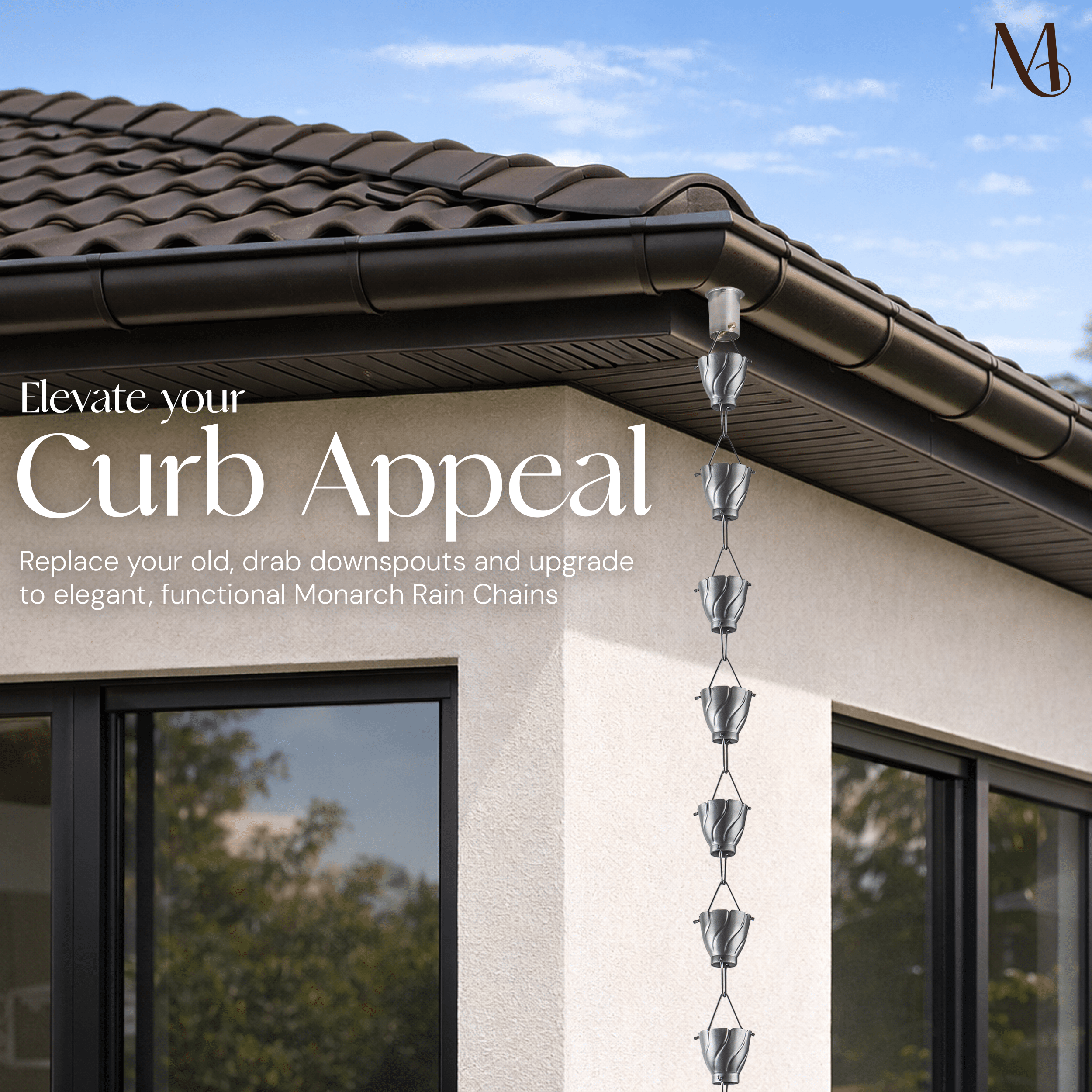 Aluminum Akira Cup Rain Chain Replacement Downspout for Gutters, Pewter Finish Rain Chains Monarch Abode