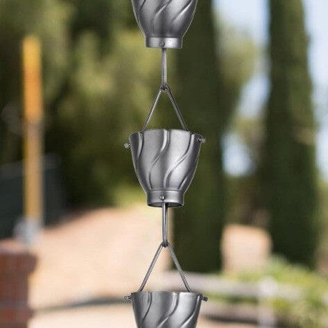 Aluminum Akira Cup Rain Chain Replacement Downspout for Gutters, Pewter Finish Rain Chains Monarch Abode