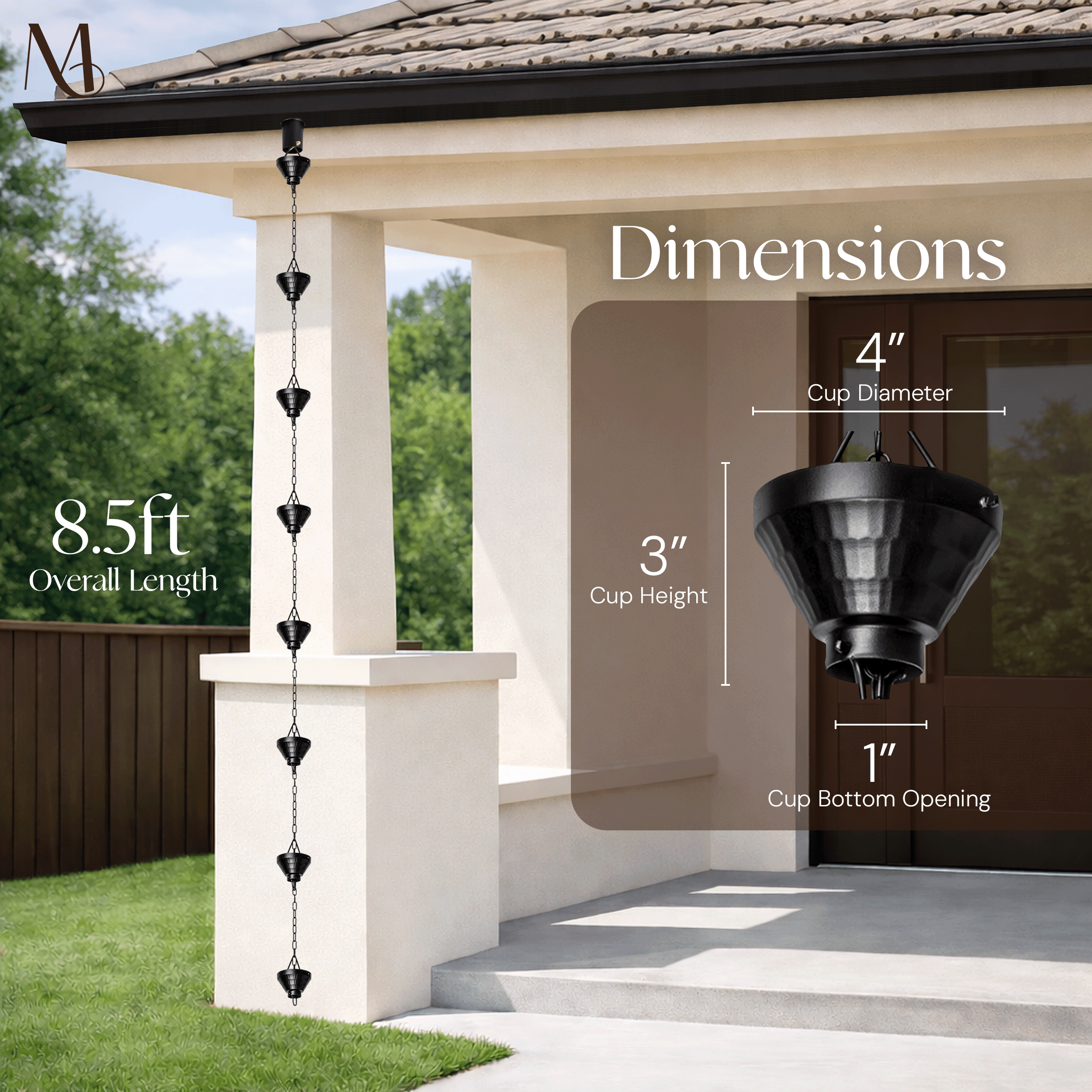 Aluminum Siam Rain Chain Replacement Downspout for Gutters, 8-1/2 Feet Length, Matte Black Rain Chains > Aluminum Monarch Abode 