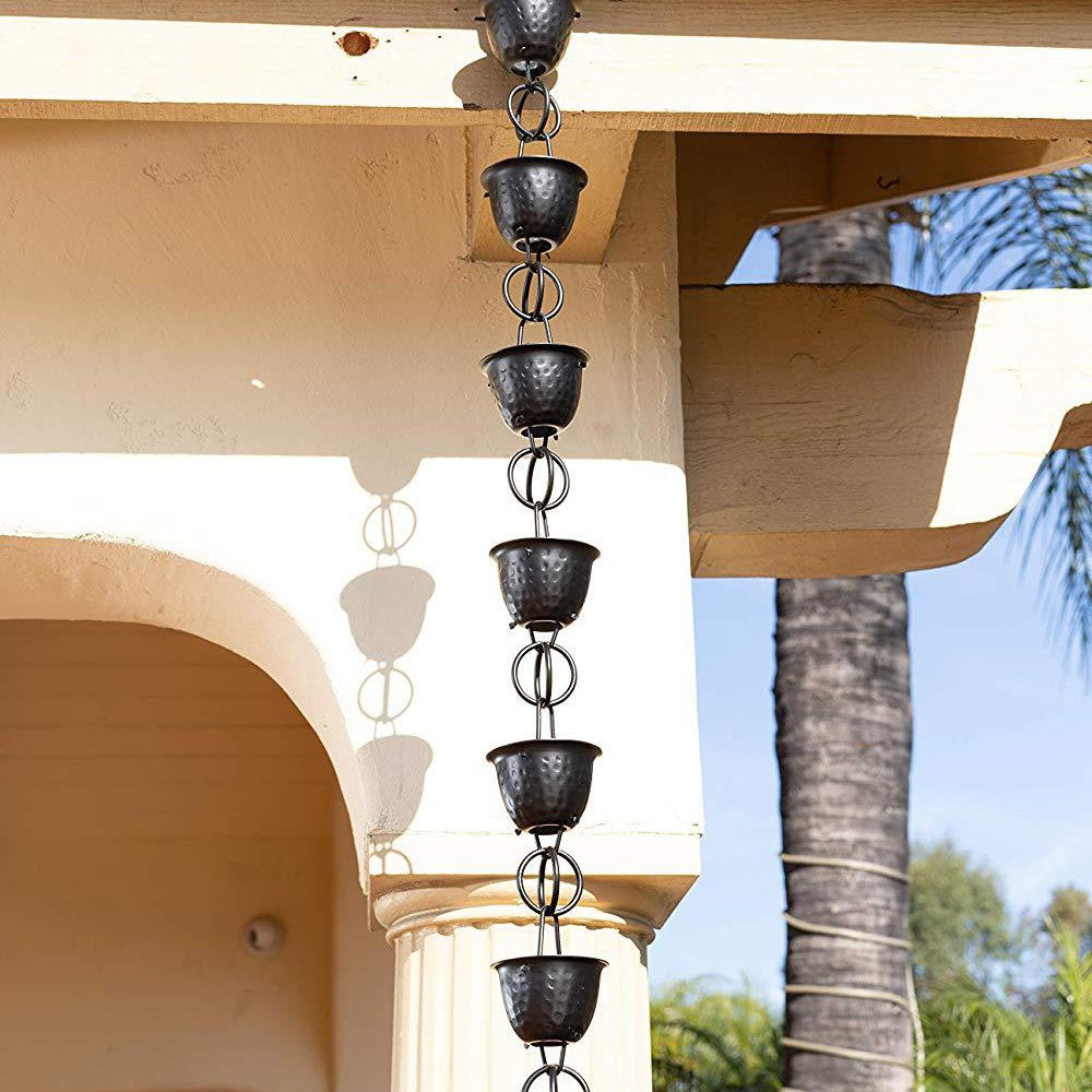 Monarch Aluminum Hammered Cup Rain Chain, 8.5 Ft, Pwt, Water Catcher Downspout Replacement With Splash Extension