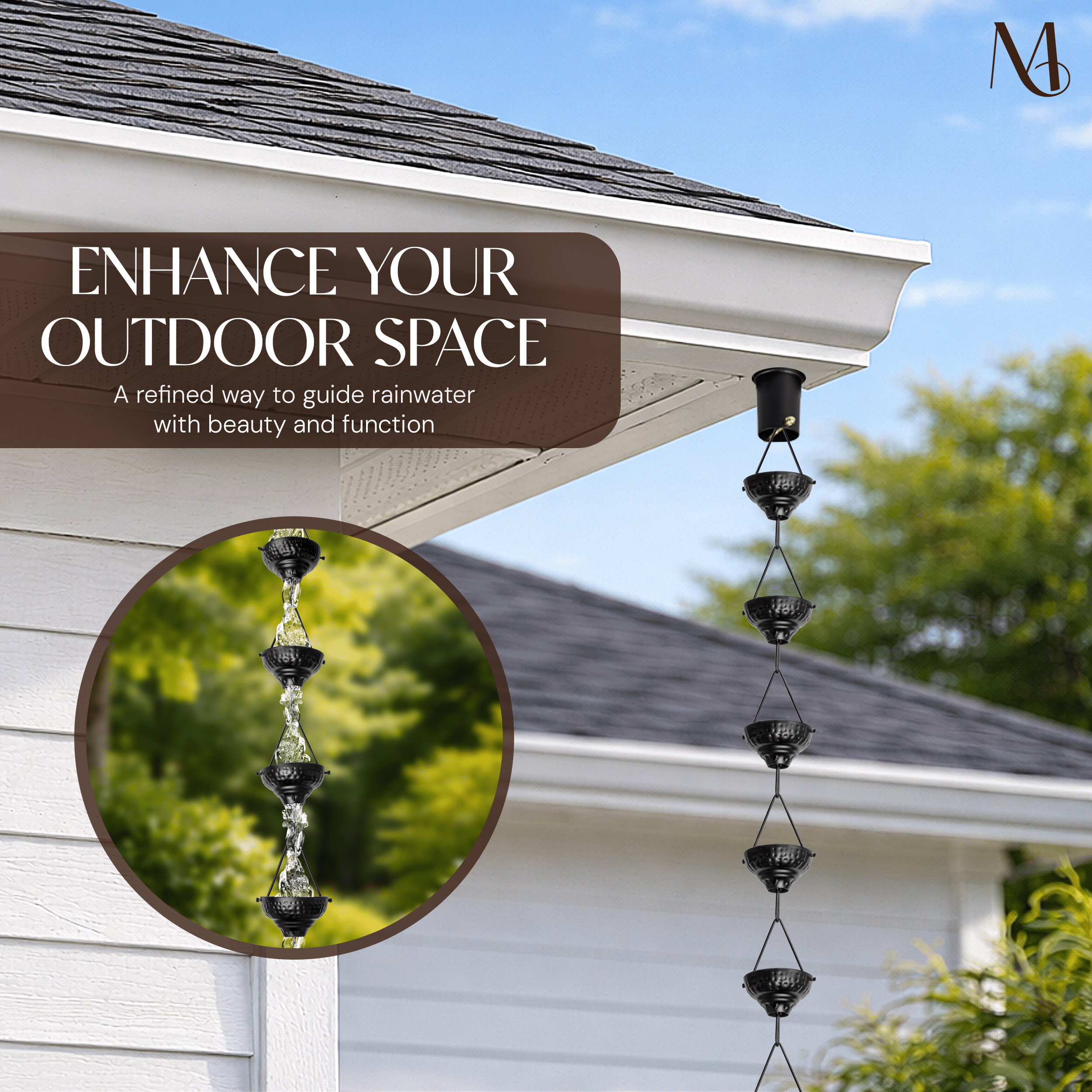 Aluminum Eastern Hammered Cup Rain Chain Replacement Downspout for Gutters, Matte Black Rain Chains > Aluminum Monarch Abode 