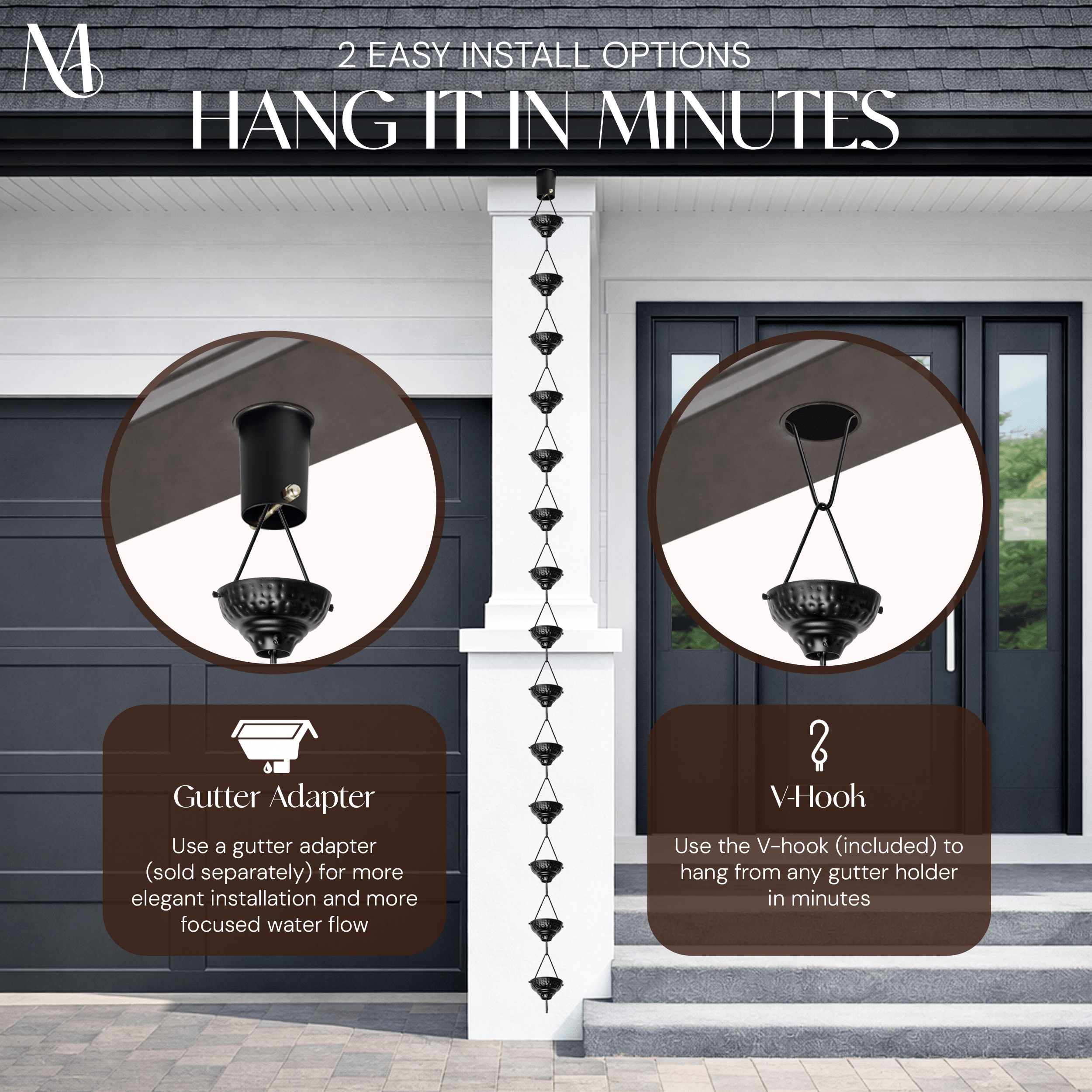 Aluminum Eastern Hammered Cup Rain Chain Replacement Downspout for Gutters, Matte Black Rain Chains > Aluminum Monarch Abode 