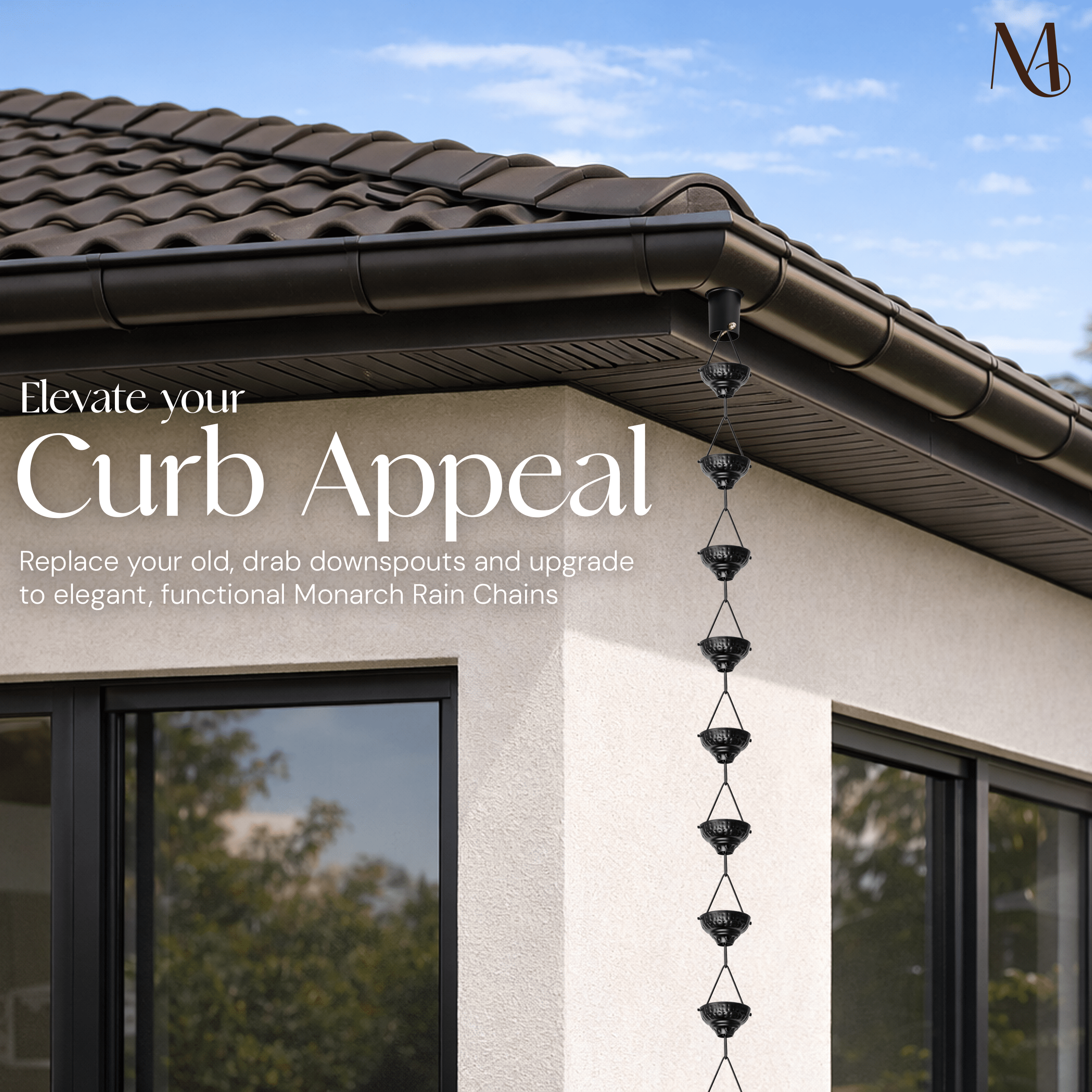Aluminum Eastern Hammered Cup Rain Chain Replacement Downspout for Gutters, Matte Black Rain Chains > Aluminum Monarch Abode 