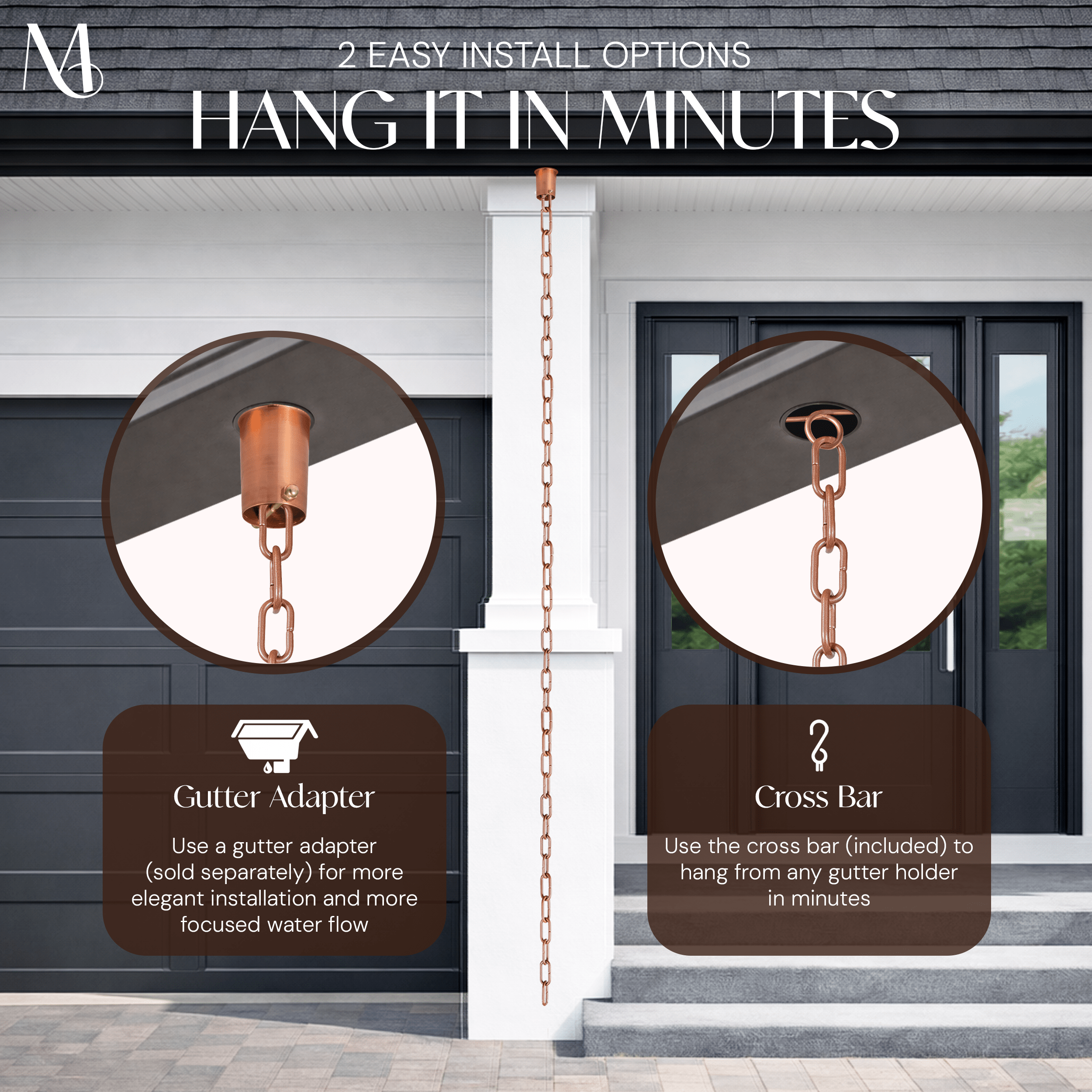 Aluminum Traditional Link Rain Chain Replacement Downspout for Gutters, Brushed Copper Finish Rain Chains > Aluminum Monarch Abode 