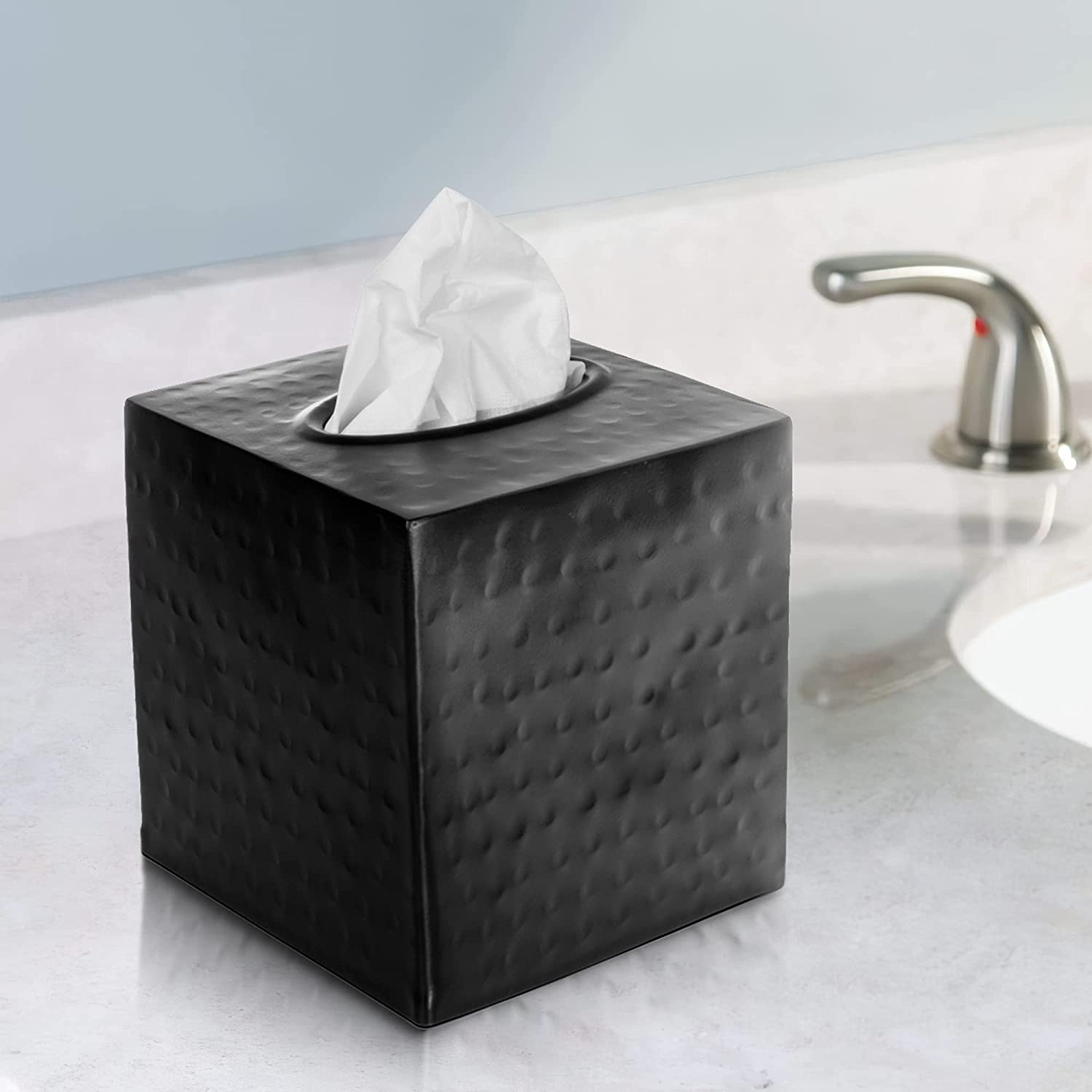 Monarch Abode Handcrafted Wave Embossed Metal Tissue Box Cover (Black)